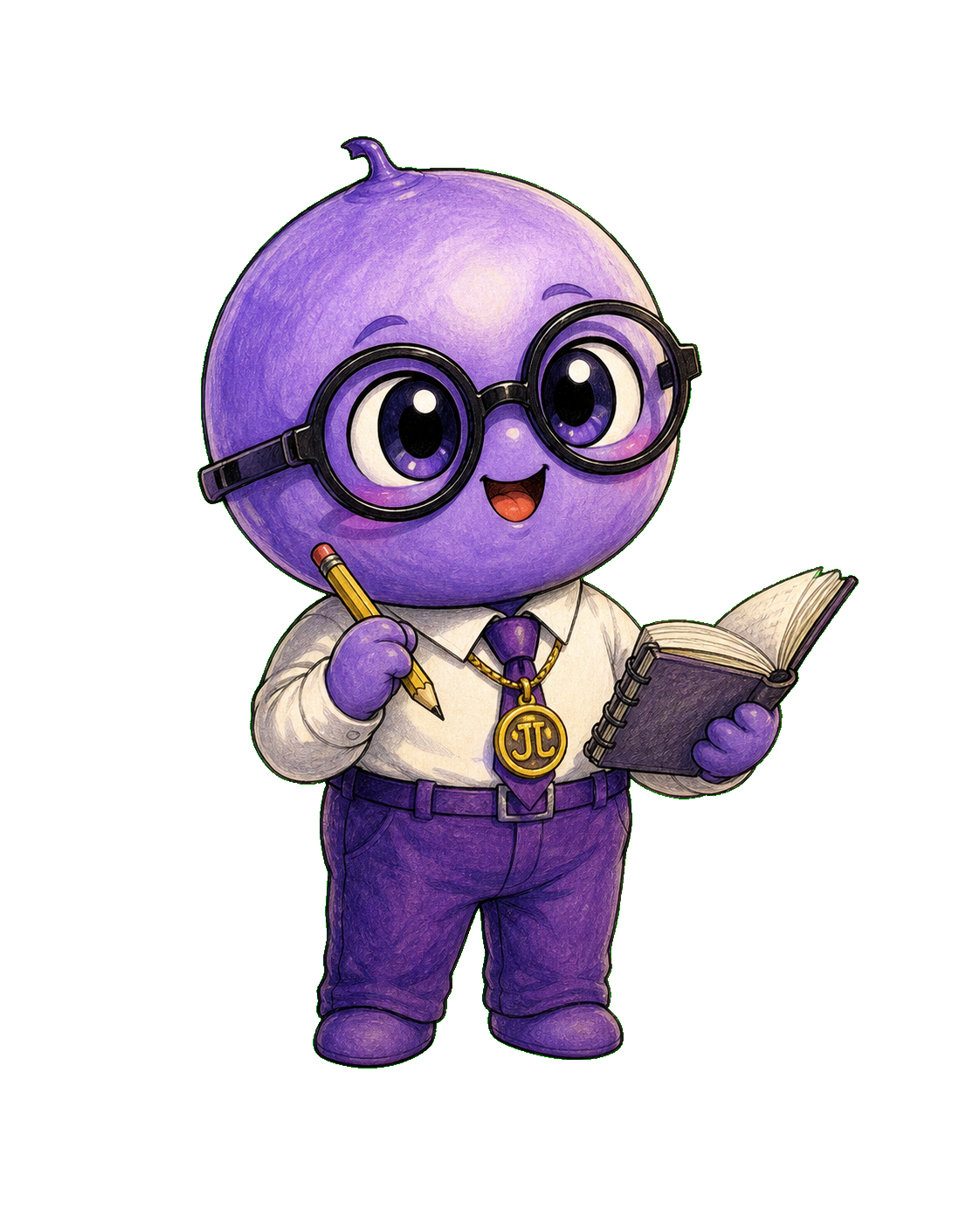 Baby Pulsar studies an open notebook with a pencil.