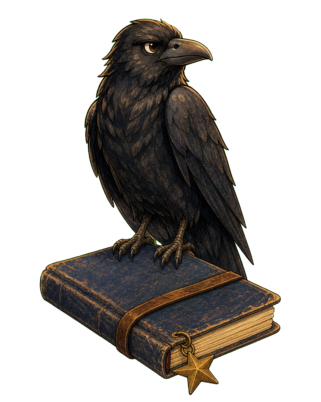 A watchful black raven rests on a worn notebook.