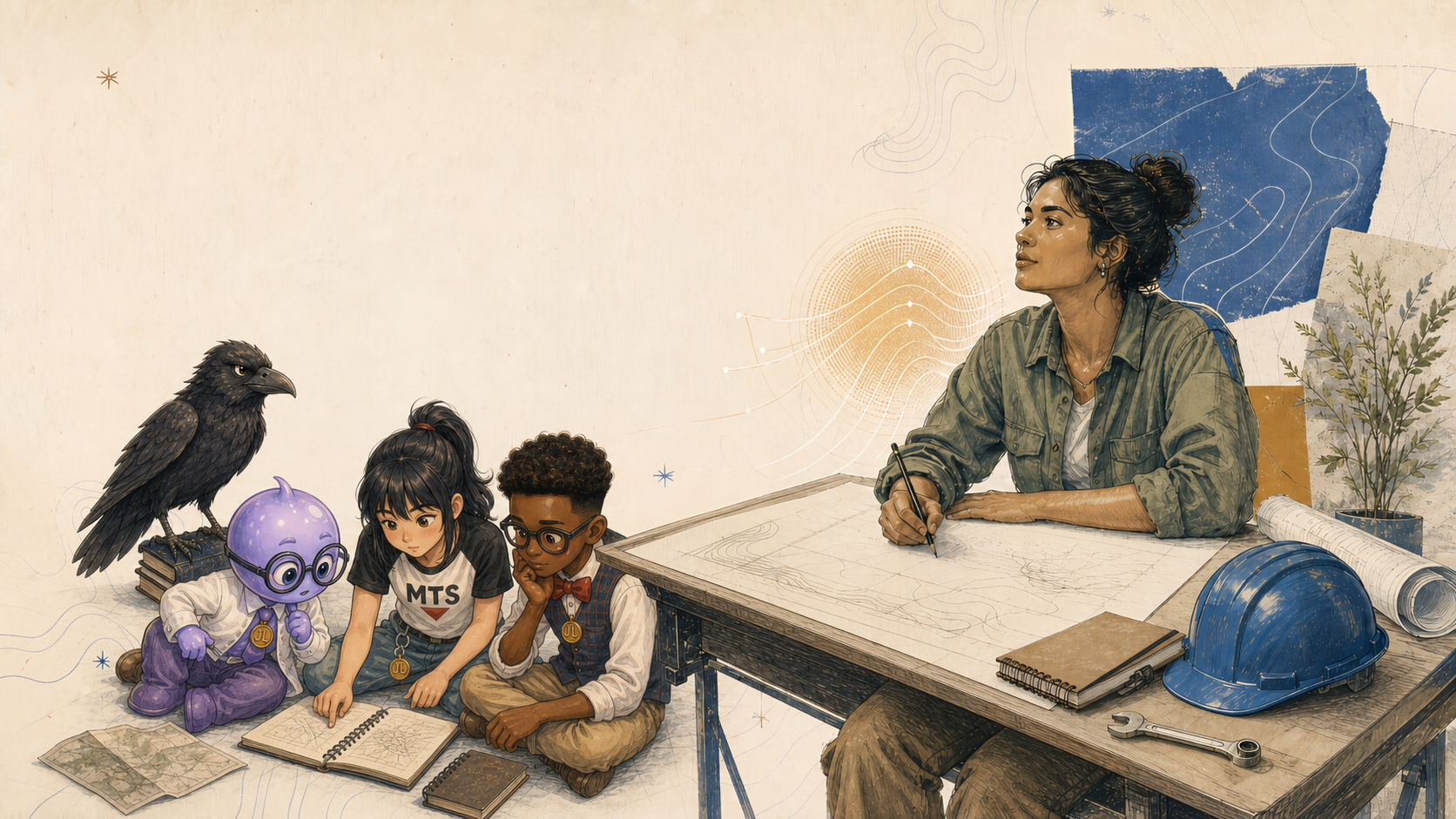 The LEVEL crew gathers around a field map while a woman at a drafting table plans the next move.