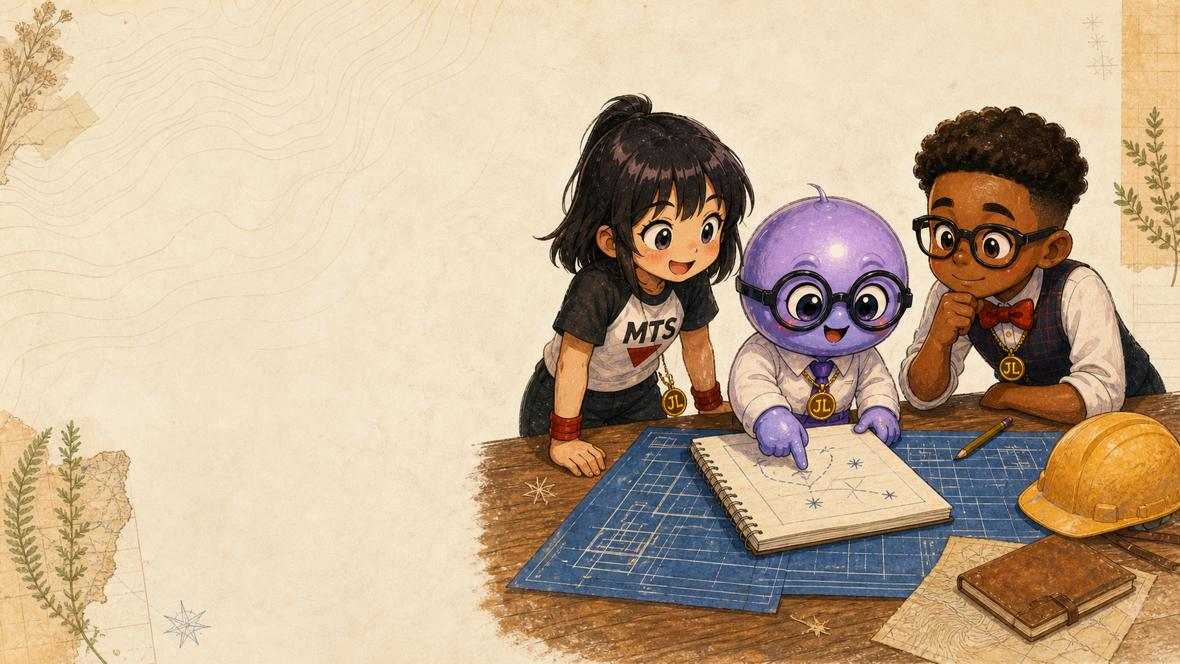 The LEVEL crew studies together at a worktable with a blueprint, notebook, and hard hat.